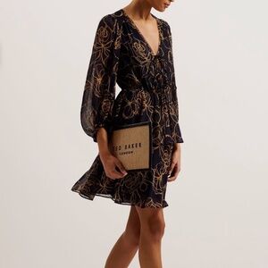 Ted Baker V Neck Printed Tie Front Mini Dress Navy - Size 1